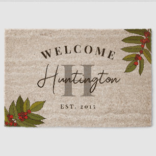 Red Rowan Berries Welcome Monogram Fiber Doormat