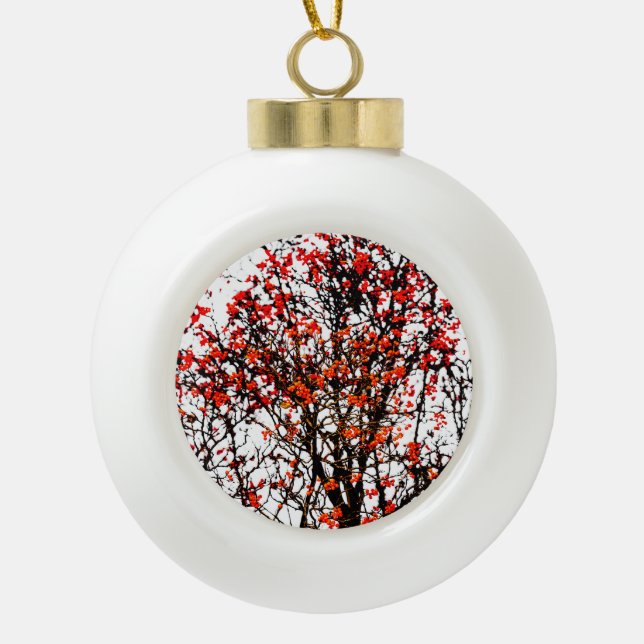 Red rowan fruits or ash berries ceramic ball christmas ornament (Front)