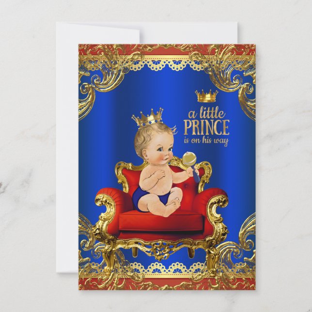 Red Royal Blue Gold Chair Prince Baby Shower Invitation (Front)