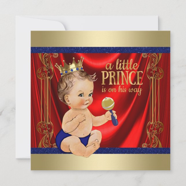 Red Royal Blue Gold Prince Baby Shower Invitation (Front)