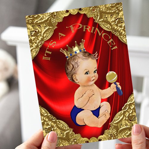 Red Royal Blue Gold Satin Prince Baby Shower Invitation