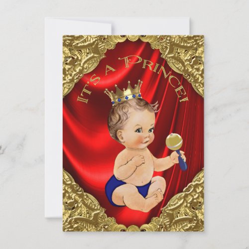 Red Royal Blue Gold Satin Prince Baby Shower Invitation