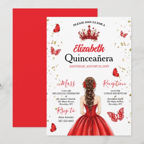 Red Royal Butterfly Quinceañera Invitation