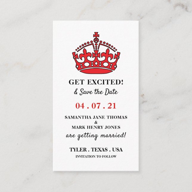 Red Royal Crown, Get Excited and Save the Date Enclosure Card (Front)
