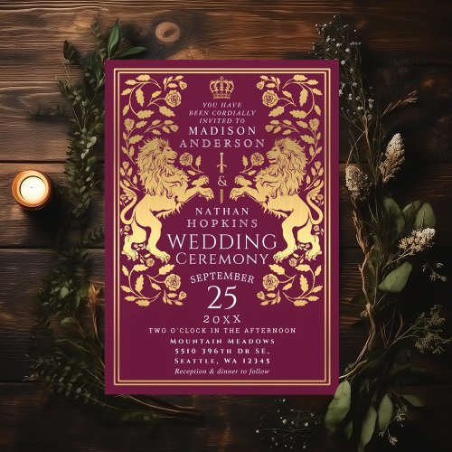 Red Royal Lion Medieval Gold Wedding Invitation