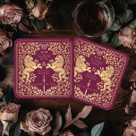 Red Royal Lion Medieval Sword Wedding Square Paper Coaster<br><div class="desc">Add royal charm to your tablescape! These custom wedding coasters feature a majestic lion and floral design with your names and monogram, all in luxurious gold against a red background. Perfect for a medieval fantasy celebration with timeless elegance! The gold featured on this item is NOT real foil and is...</div>