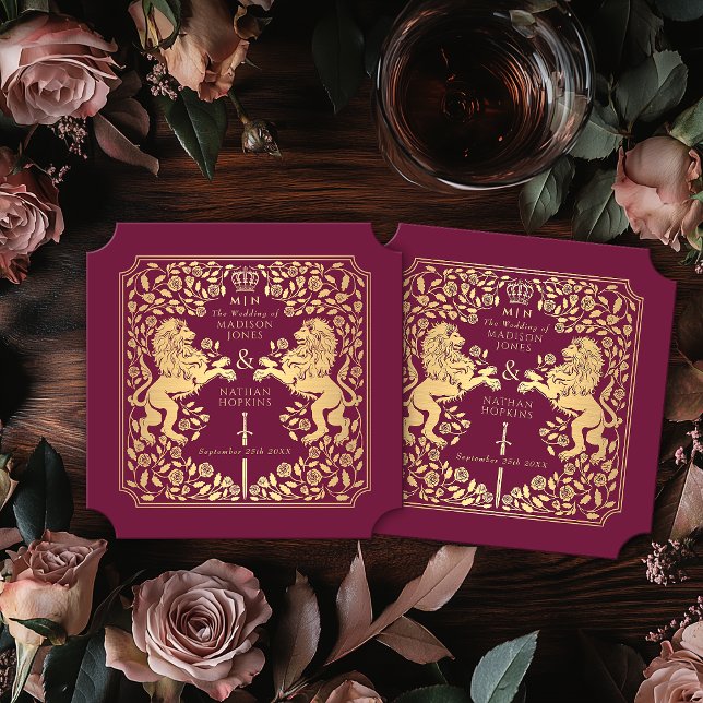 Red Royal Lion Medieval Sword Wedding Ticket Paper Coaster (Creator Uploaded)