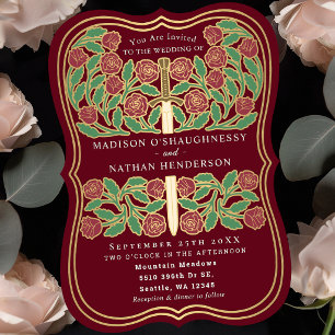 Red Royal Medieval Floral Sword Wedding Invitation