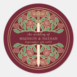 Red Royal Medieval Gold Sword Wedding Classic Round Sticker