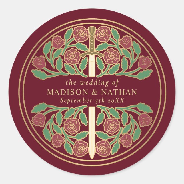 Red Royal Medieval Gold Sword Wedding  Classic Round Sticker (Front)