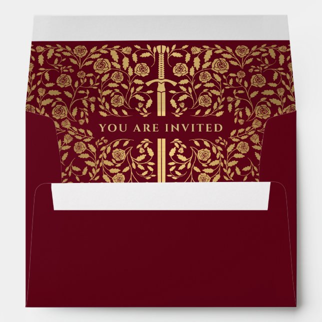 Red Royal Medieval Gold Sword Wedding Envelope (Back (Bottom))