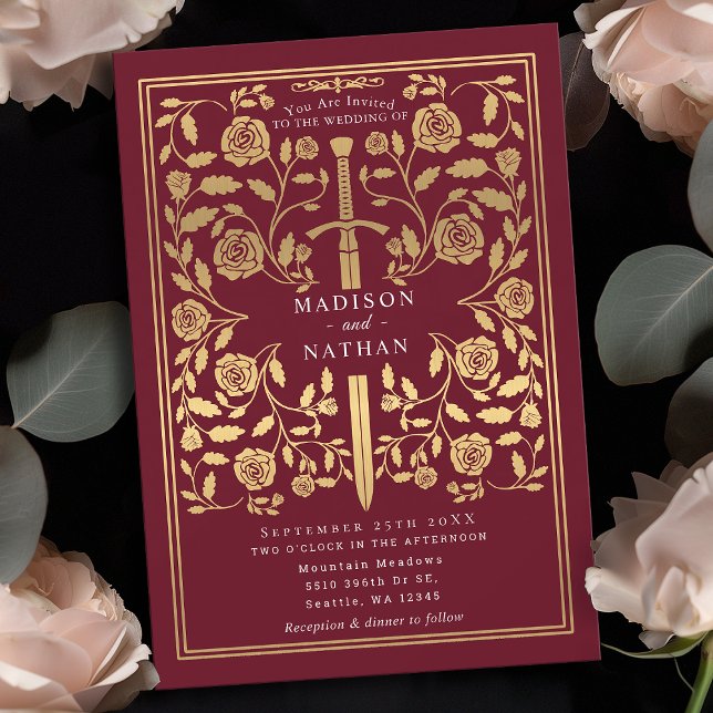 Red Royal Medieval Gold Sword Wedding Invitation (Creator Uploaded)