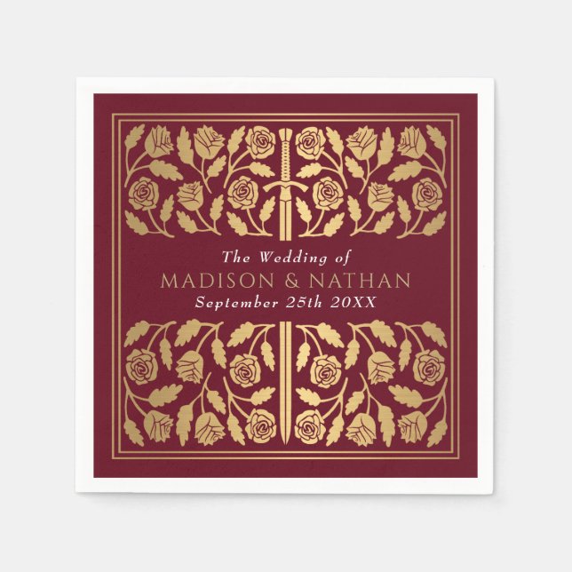 Red Royal Medieval Gold Sword Wedding Napkins (Front)