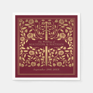 Red Royal Medieval Gold Sword Wedding Napkins
