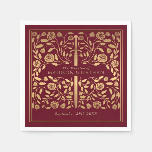 Red Royal Medieval Gold Sword Wedding Napkins