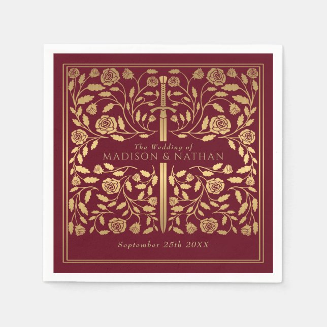 Red Royal Medieval Gold Sword Wedding Napkins (Front)