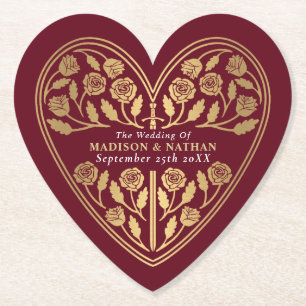 Red Royal Medieval Gold Sword Wedding Paper Coaster