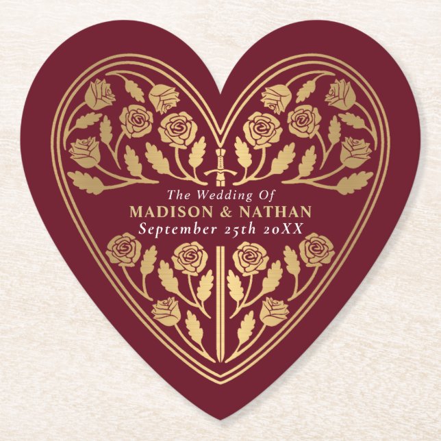 Red Royal Medieval Gold Sword Wedding Paper Coaster (Front)
