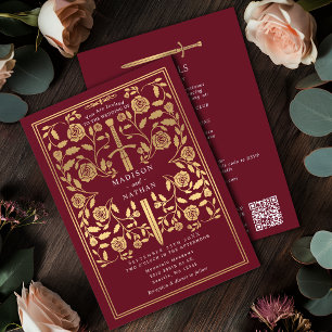 Red Royal Medieval Gold Sword Wedding QR Code Invitation