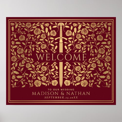 Red Royal Medieval Gold Sword Wedding Welcome Sign