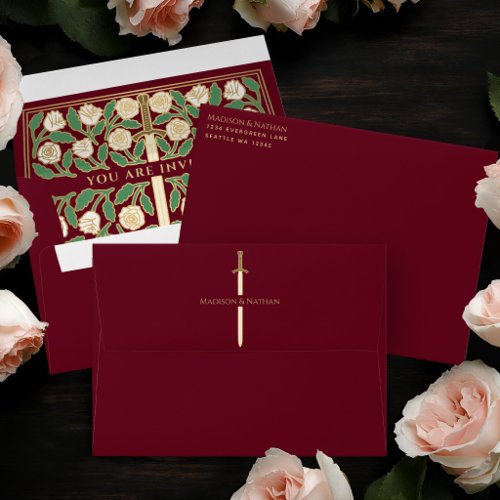 Red Royal Medieval Gold White Floral Sword Wedding Envelope