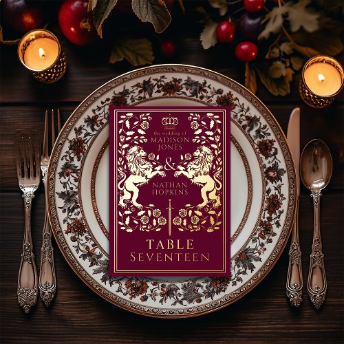 Red Royal Medieval Lion Wedding  Foil Table Card