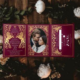 Red Royal Medieval Lion Wedding Tri-Fold Invitation