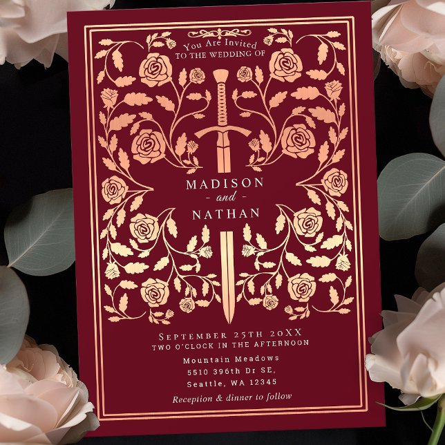 Red Royal Medieval Rose Gold  Sword Wedding  Invitation (Creator Uploaded)