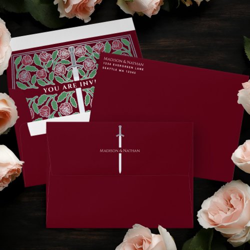 Red Royal Medieval Silver Floral Sword Wedding Envelope