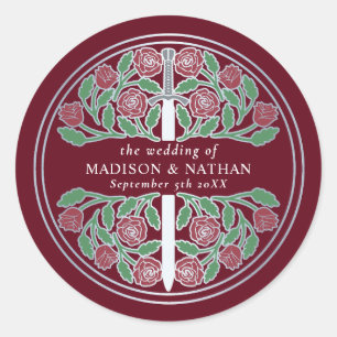 Red Royal Medieval Silver Sword Wedding  Classic Round Sticker