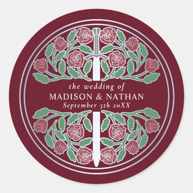 Red Royal Medieval Silver Sword Wedding  Classic Round Sticker (Front)