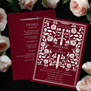 Red Royal Medieval Silver Sword Wedding Details Foil Invitation