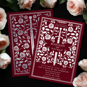 Red Royal Medieval Silver Sword Wedding Foil Invitation
