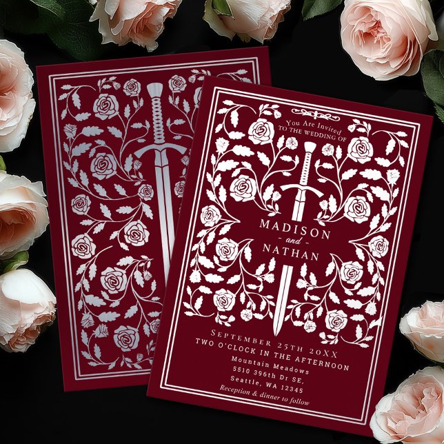Red Royal Medieval Silver Sword Wedding Foil Invitation (Creator Uploaded)