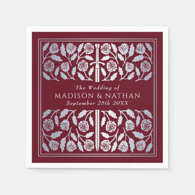 Red Royal Medieval Silver Sword Wedding Napkins (Front)