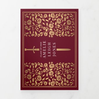 Red Royal Medieval Sword Photo Graduation Party Tri-Fold Invitation ...
