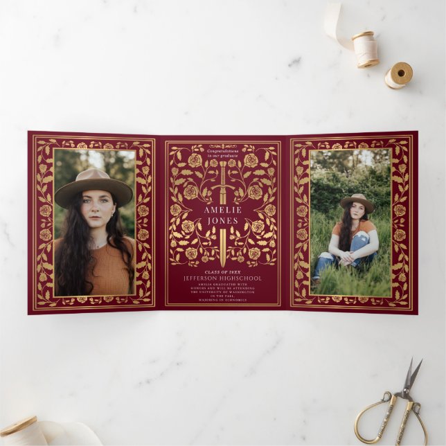 Red Royal Medieval Sword Photo Graduation Party Tri-Fold Invitation (Inside)