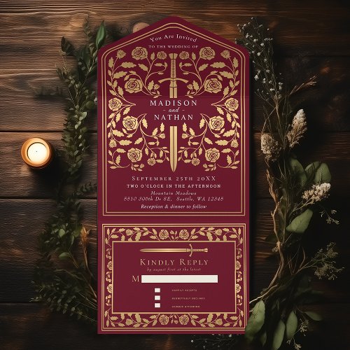 Red Royal Medieval Sword Wedding  All In One Invitation