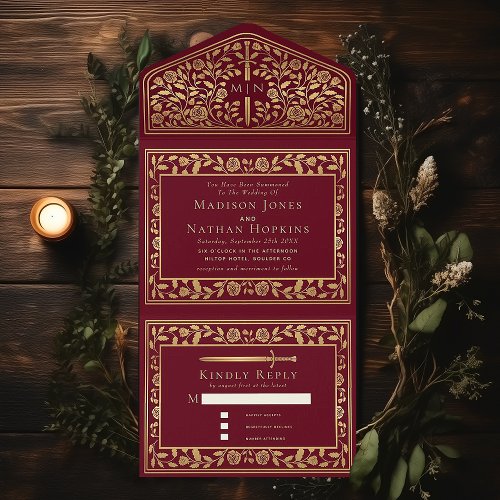 Red Royal Medieval Sword Wedding  All In One Invitation
