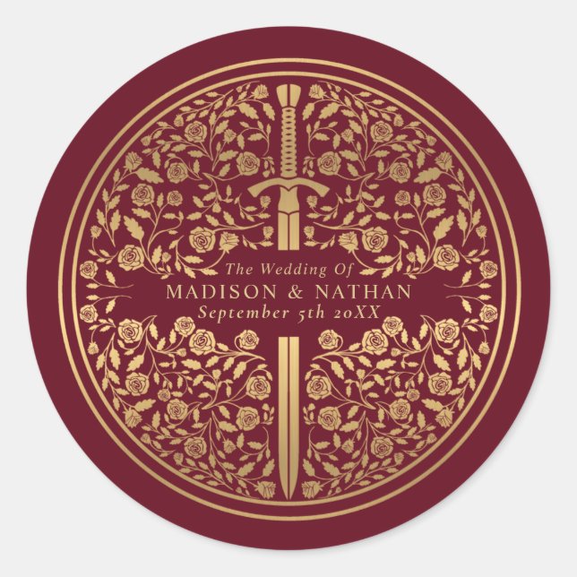 Red Royal Medieval Sword Wedding Classic Round Sticker (Front)