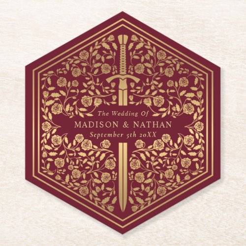 Red Royal Medieval Sword Wedding Paper Coaster