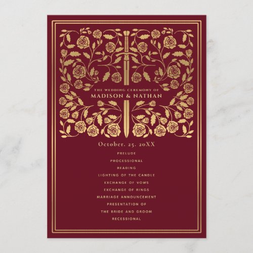 Red Royal Medieval Sword Wedding Program