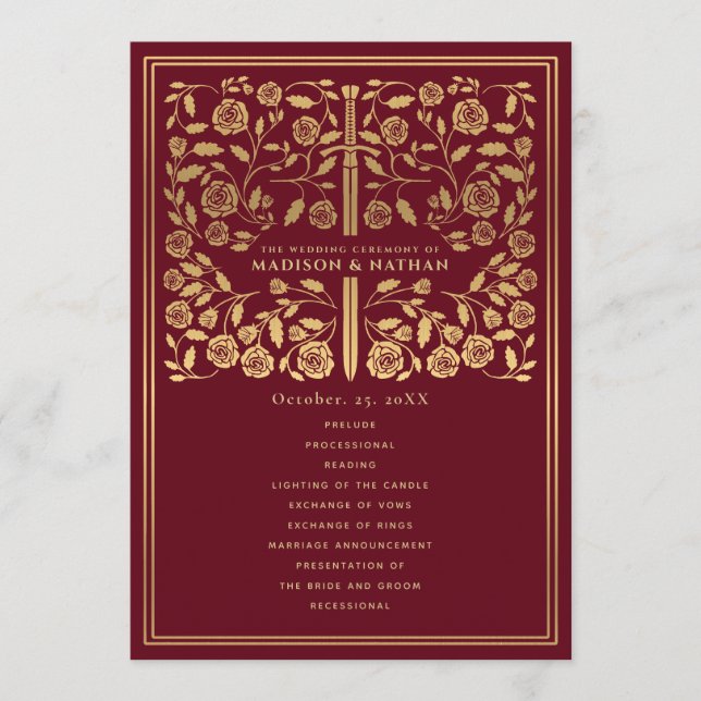 Red Royal Medieval Sword Wedding Program (Front)