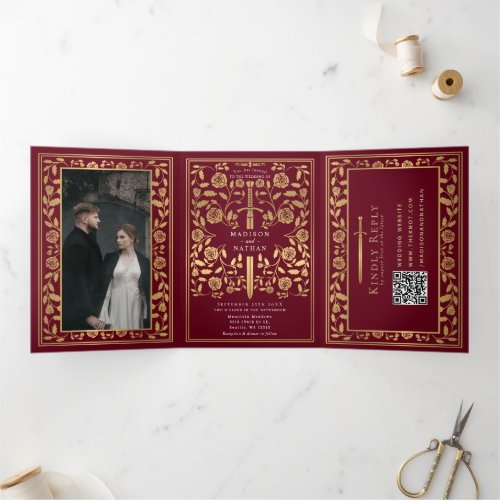 Red Royal Medieval Sword Wedding QR Code Tri_Fold Invitation