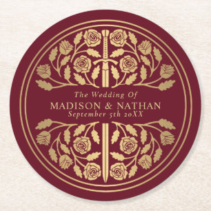Red Royal Medieval Sword Wedding Round Paper Coaster