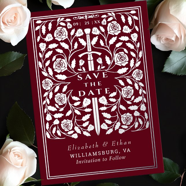 Red Royal Medieval Sword Wedding Save the Date Foil Invitation (Creator Uploaded)