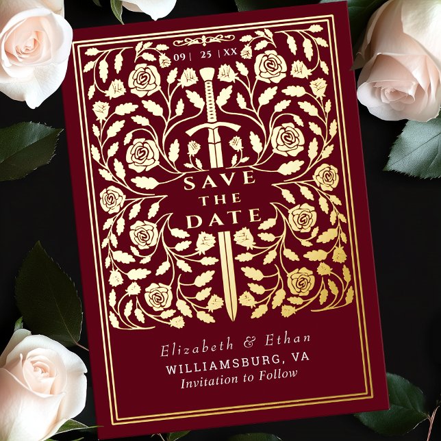 Red Royal Medieval Sword Wedding Save the Date Foil Invitation (Creator Uploaded)