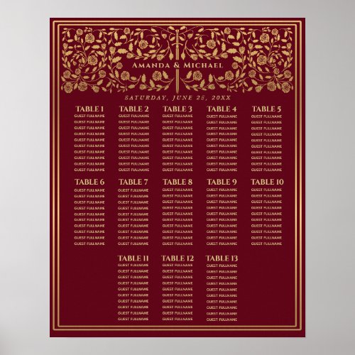 Red Royal Medieval Sword Wedding Seating Chart