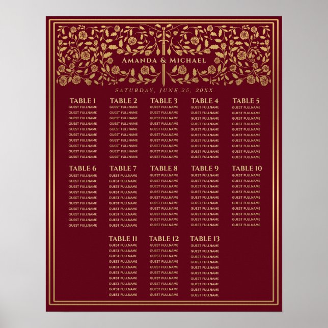 Red Royal Medieval Sword Wedding Seating Chart (Front)