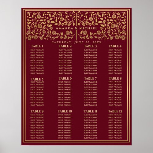 Red Royal Medieval Sword Wedding Seating Chart